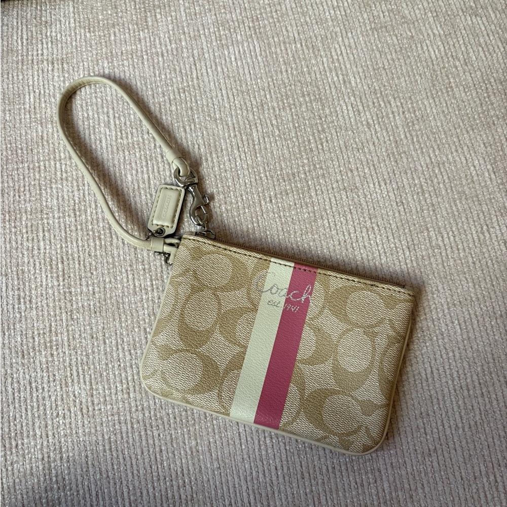 Coach Beige and Pink Stripe Wristlet